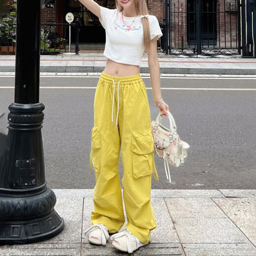 
Casual simple dopamine wear work pants for women in spring and summer drawstring hip-hop thin style wide-leg floor trousers MY-687 black L