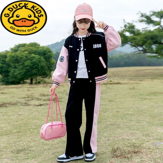 G.DuckKids Girls Baseball Costume printemps 2025 Nouveau style collégial Style Mid-Garning Children's Fashionable Spring and Automne Sportswear Two-Piece Set BQ1396 Black Two-Piece Set 150 taille recommandée environ 140