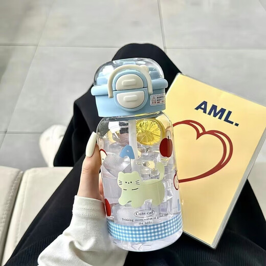 Internet celebrity ins style portable plastic water cup cartoon large capacity straw cup double drinking student male and female red apple cat 500ml