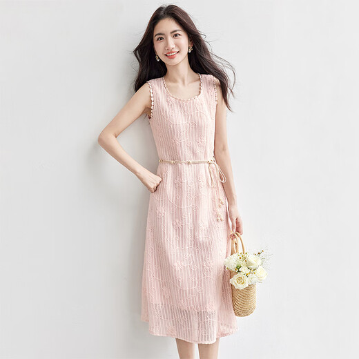 Shangdubila Hollow 3D Hook Flower Up-cou robe pour femmes en été rose de vacances romantiques jupe en ligne pour les rendre minces et réductrices de mi-longueur en milieu de longueur