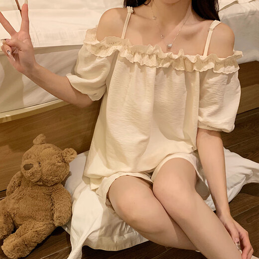 
Shantoulin Village summer pure cotton suspender pajamas for women 2024 new sexy pure and sexy style one-shoulder short-sleeved girl suit home clothes 12346 pocket kitten M