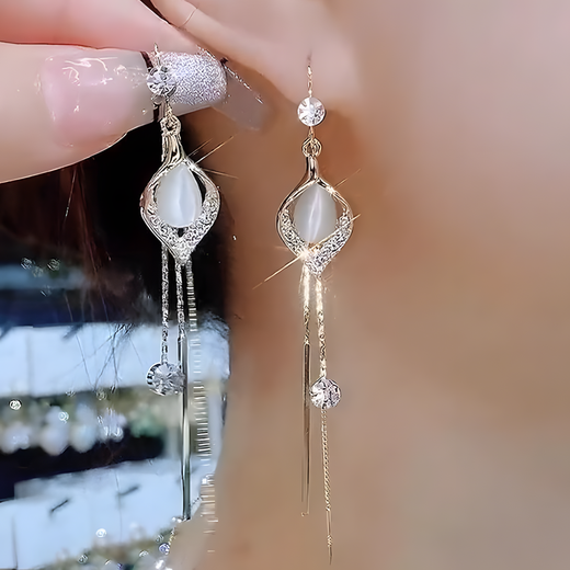UOSU earrings for women, light luxury and high-end, cat's eye long earrings, versatile ins niche design ear wire, super fairy fashion jewelry, cat's eye tassel ear wire