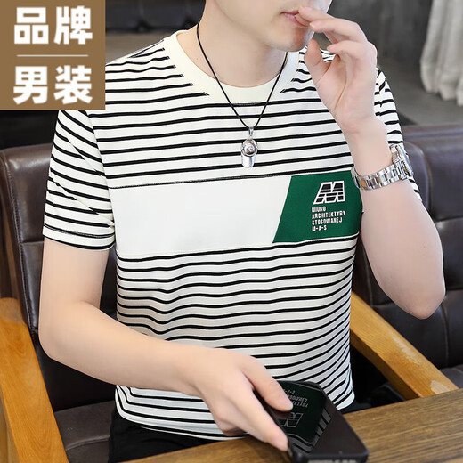 CK2025男士新款夏季高品质圆领短袖T恤时尚潮流条纹弹力半袖体恤衫 9898-白色 9898-白色 M 建议体重80-100斤