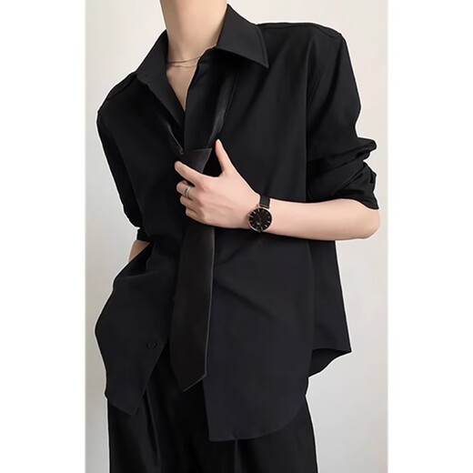 An Chuxia black Naples dk shirt for men to wear a complete set of high-end summer British yuppie style ice silk shirt two-piece set black shirt + black trousers L 120-135Jin Jin equals 0.5 kg can be worn