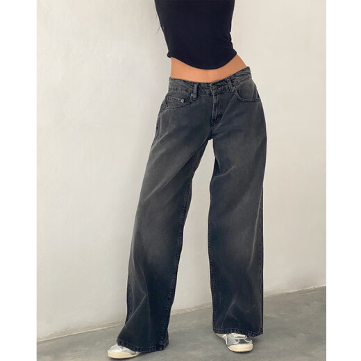 
SAKENMAO American retro low waist non-elastic wash straight jeans for women in autumn street wide-leg denim women's pants 12176 Academy Blue L