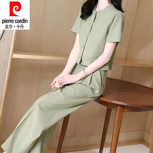 皮尔卡丹（pierre cardin）时尚套装女夏季2025新款洋气显瘦御姐圆领短袖衬衫直筒裤两件套女 12608-黑色套装 L 【建议95-110斤】
