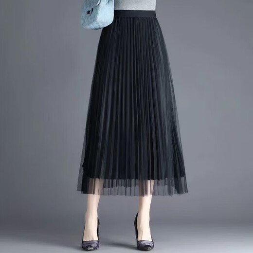 Mesh skirt for women, Spring and Autumn 2025 new summer drape high waist slim pleated long skirt covering hips 1369 American black* mesh fairy skirt XL (recommended [125Jin[Jin equals 0.5 kg]-140Jin[Jin equals 0.5 kg]])