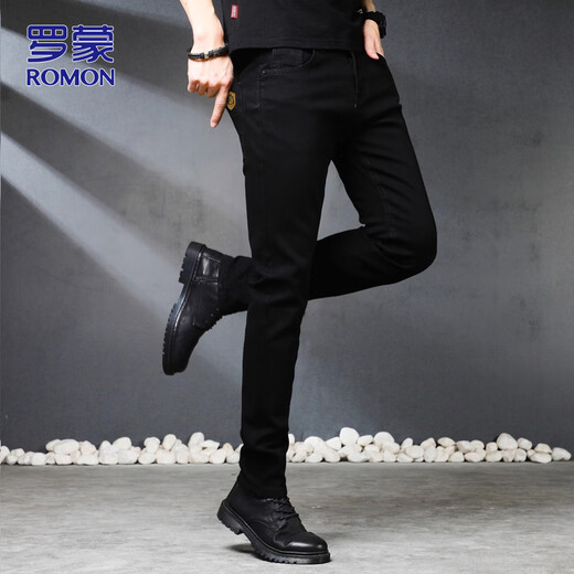 ROMON Jeans Men's Autumn and Winter Business Casual Straight Pants Men's Stretch Slim Pants Black 33