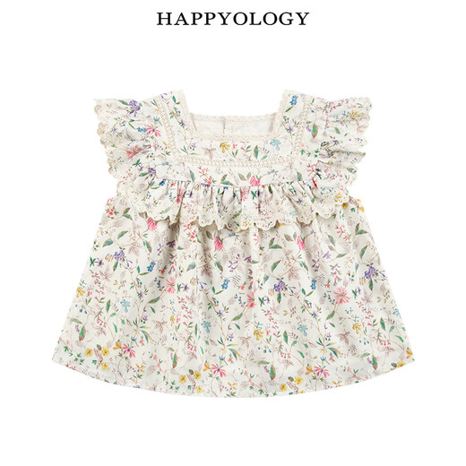 Happyology British children's spring and summer new children's clothing lace splicing tops bow hair accessories girls set Midsummer Baiyuan (shorts) 92 (92cm)
