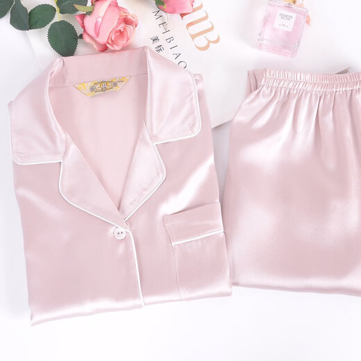American Standard 19 Momi silk couple pajamas spring and summer women's short-sleeved trousers mulberry silk home clothes rose smoke powder XL