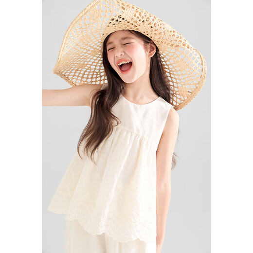 Mucmukn【岛城夏日】天丝莱赛尔 花边无袖背心小衫海边度假阔腿裤女童夏 裤子M52XK3881B米色 150