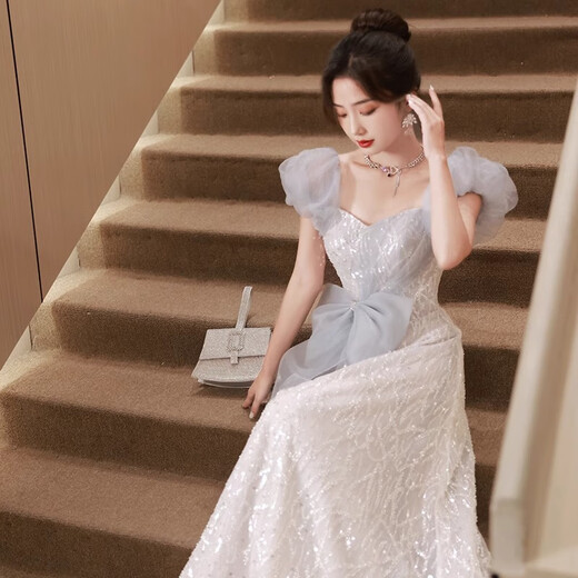 Evening dress skirt for women 2025 new banquet temperament adult gift light luxury niche high-end birthday host feeling blue XS