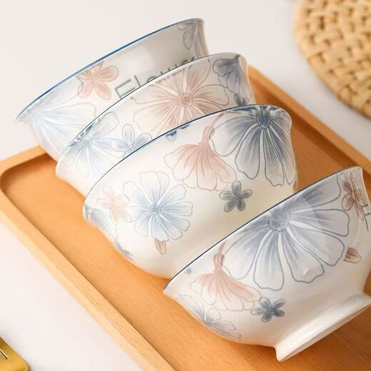 European-style high-looking 4.5-inch household ceramic rice bowl with underglaze color 4.5-inch large brown flower salad bowl 2 pieces