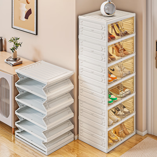 Shoe storage box shoe box transparent installation-free shoe cabinet all-in-one home door folding shoe rack 1 column 6 layers 6 compartments snap open lid / can hold 48 size AJ shoes