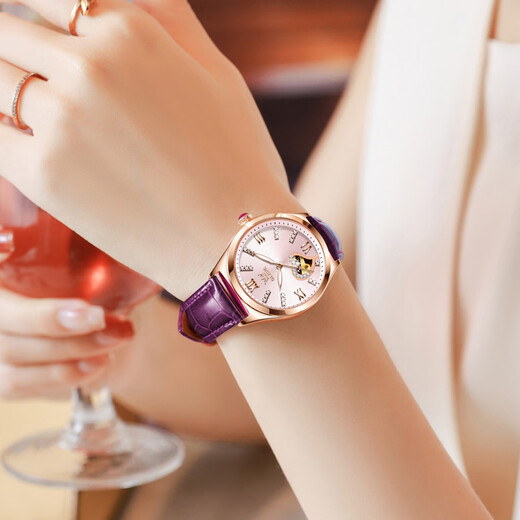 OLEVS Mecánico reloj Hueco Hueco Mujer Mecánica Mecánica Mecánica Impermeable Wating Women's Women's Women Diamond-Set Regalo navideño Regalo de regalo [Caja de regalo que mueve el corazón] B6636SK Purple Leather Rose Shell de 33 mm Diámetro de marcado: