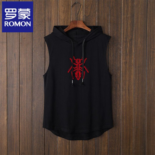 
ROMON Summer Hooded Vest Men's New Style Outdoor Fashion Brand Hooded Sleeveless T-Shirt Top Men's Trendy Sports Vests and Vests Jack; Black L