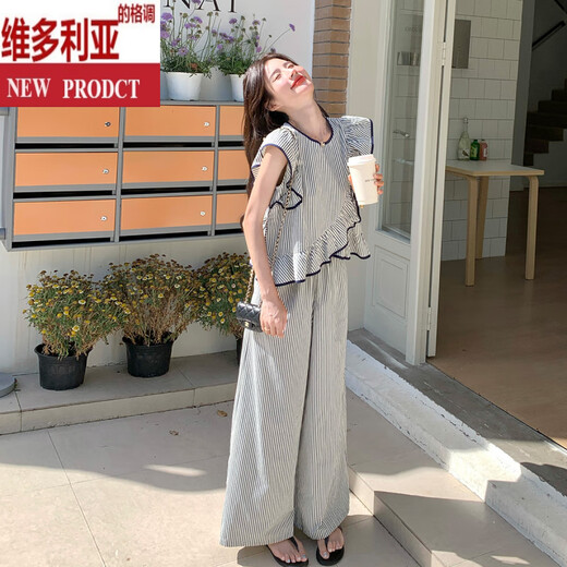 Victoria's Style Ruffled Flying Sleeve Weste Top Casual Hosenanzug für Frauen Sommer 2025 Neue gestreifte Weitbeinhosen Zwei-teiliger zweiteiliger Set Designer Original S (Empfohlen 105jin [Jin entspricht 0,5 kg] oder weniger)