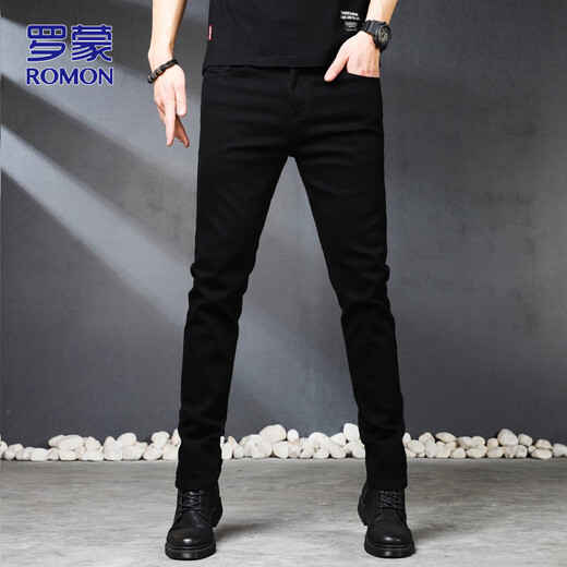 ROMON Jeans Men's Autumn and Winter Business Casual Straight Pants Men's Stretch Slim Pants Black 33