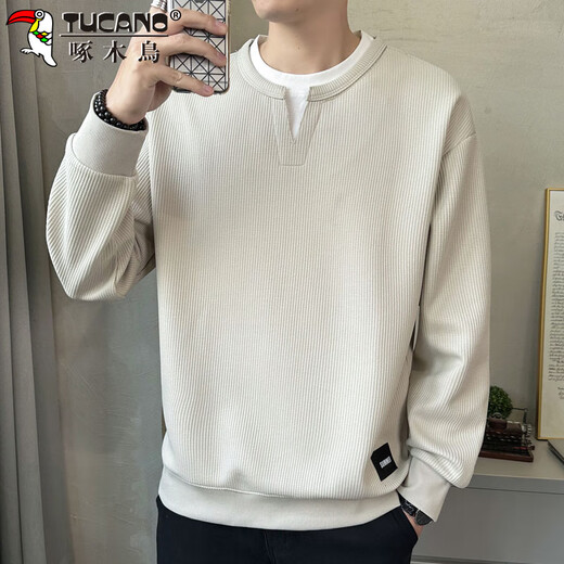 Woodpecker (TUCANO) sweatshirt men's autumn and winter loose round neck fake two-piece long-sleeved T-shirt men's bottoming shirt clothes jacket apricot XL