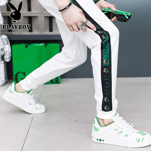 花花公子（PLAYBOY）刺绣休闲裤男夏季薄款潮牌修身冰丝束脚运动长裤男百搭速干小脚卫 9928白色 29