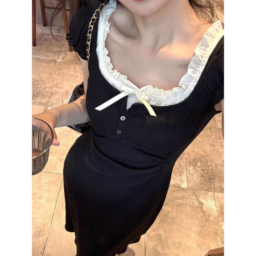 Hao'e French Black Square Kragen gefälschte zweiteilige Kleid für Frauen im Sommer Design High-End-Temperament Taille-Hugging Long Rock [gefälschter zweiteiliger Schwarz] M.