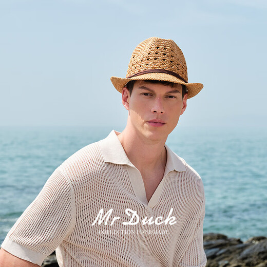 Mr DUCK进口手工编织拉菲草帽男女 可折叠爵士礼帽 防晒遮阳镂空透气草帽 MS17008-棕色 L码（适合60CM及以上头围）