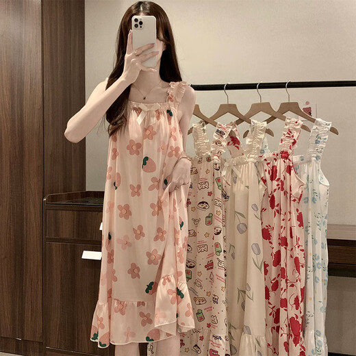 西忘冰丝薄款夏季带胸垫吊带睡裙女生2025新款甜美花卉纯欲家居服睡衣 1355 好多小花 带胸垫 M