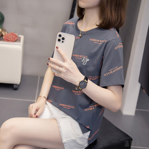 Wen Laimansha's fat woman's clothes covering her belly Pure cotton short-sleeved T-shirt for women's fat mm200Jin[Jin equals 0.5 kg] Loose and slim casual and versatile clothes 6627 Blue M 80-95Jin[Jin equals 0.5 kg]