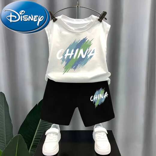 迪士尼（Disney）男童纯棉无袖坎肩背心套装外穿夏季薄款炸街中大童短裤两件 白色背心T1049+黑短裤T1049 90 cm建议身高CM以b