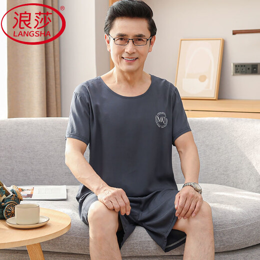 Langsha Baumwollseide Kurzschläfe Herren-Pyjama Sommer mittleren Alters und älterer Vater dünne Baumwollmodal-Eis Silk Home Anzug Set 2694 4xl Empfohlenes Gewicht 190-210jin [Jin entspricht 0,5 kg]