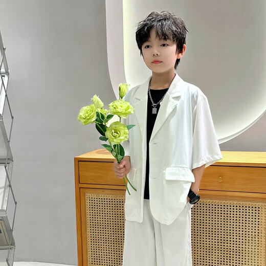 Burwilde international brand Elephant Dad children's clothing cool short-sleeved trousers suit 2025 summer high-end handsome middle-aged and older children's suit white top + pants two-piece set 150 (recommended height 141-150cm)