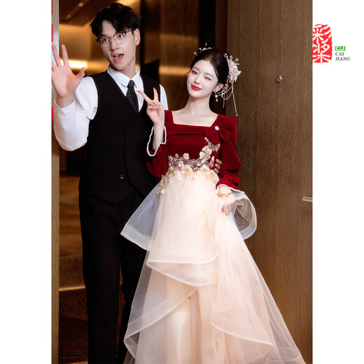 Red maternity toast dress large size fat mm bride engagement dress high waist cover belly wedding dress back door usual burgundy long sleeve F0233 XS