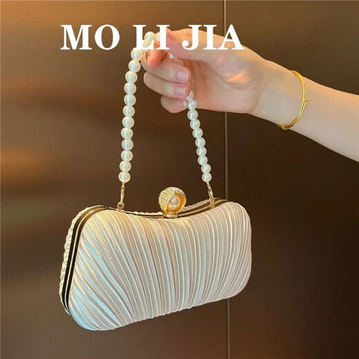 Yingtang Daisy Celebrity Dinner Clutch Women's Banquet Small Bag with Evening Dress Handbag Champagne Color + Pearl Short Chain