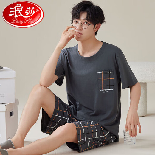 浪莎睡衣男夏季棉质短袖短裤青年学生家居服宽松大码薄款中年男士套装 H9928（短袖短裤） L （建议90-110斤）