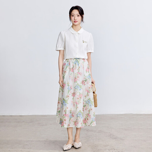 
InMAN (INMAN) pure cotton literary embroidered short-sleeved white shirt for women 2025 summer comfortable and versatile commuter lapel shirt top Pearl white M