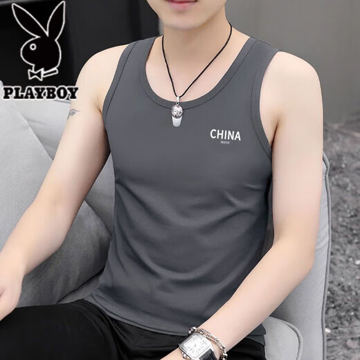 Playboy (Playboy) Herrenweste für Sommer Neue trendige Sport- und Fitnessweste schlanker Anpassungen in ärztem T-Shirt Ice Seidenbasis Sweatshirt 2-teilige China White + China Black Collection und Kauf M XL Empfohlen 165-180c110-125jin [Jin gleich 0,5 kg]