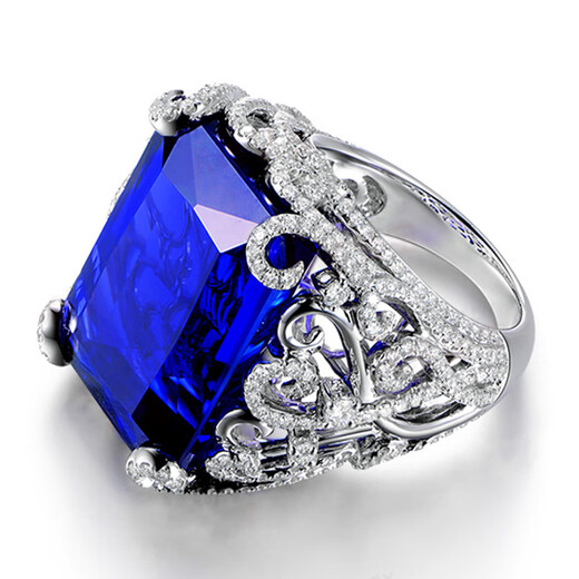 Fat Donglai's same style sapphire ring full of diamonds, large carat imitation tanzanite plated with 18K gold, hollow pattern, blue diamond ring, white gold, adjustable opening