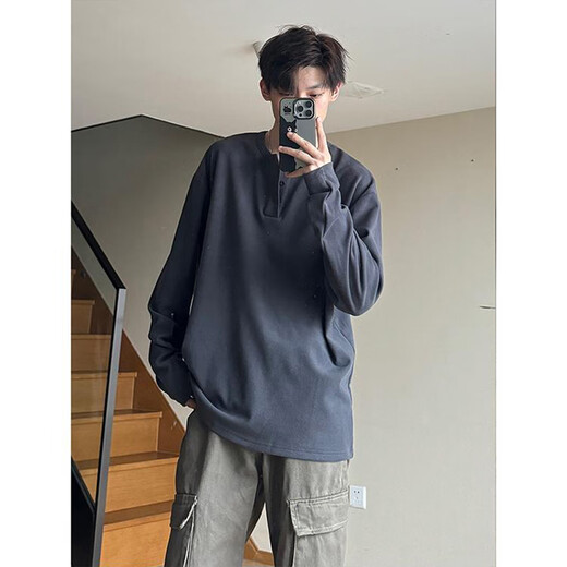 NYING Henry collar velvet sweatshirt for boys 25 autumn and winter new fashion brand simple inner layering shirt loose long-sleeved T-shirt black L (110-130Jin Jin equals 0.5 kg)
