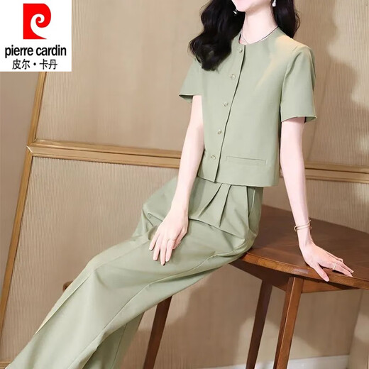 皮尔卡丹（pierre cardin）时尚套装女夏季2025新款洋气显瘦御姐圆领短袖衬衫直筒裤两件套女 12608-黑色套装 L 【建议95-110斤】