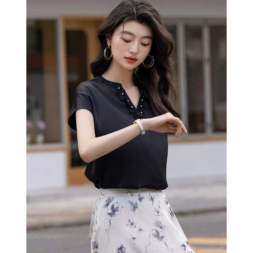 
Demana [Silkly 50D Encrypted Stretch Satin] Summer French Petal Pearl V-neck Shoulder Cover Sleeve Women's Shirt