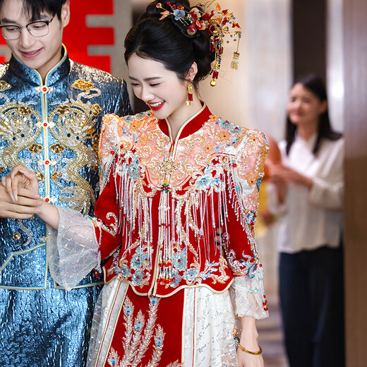 枝己秀禾服婚纱新娘主纱高档2025新款订婚服装新中式结婚礼服敬酒服 LZ541 2XL