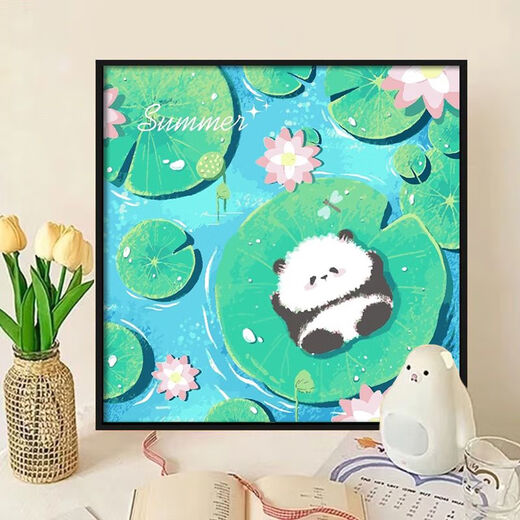 熊猫花花diy填充涂色手工手绘涂鸦卡通丙烯油彩画装饰画 hy3888 60*60cm加厚实木内框+装饰外框