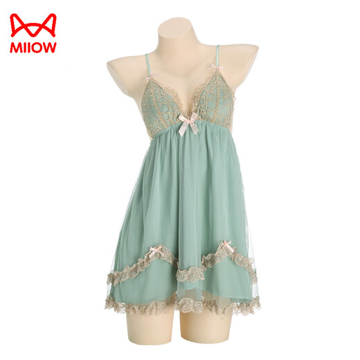Katzenmänner Frauen -Pyjama mit Brustpolster Sexy Ice Seidenfee Rock 2025 Sommerspitze Schönes Haus Kleidungsstück Set süßer p3886 grün (äußeres Kleid + Gürtel) xl
