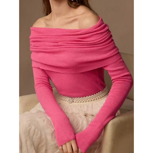 European and American cross-border spring and autumn wool off-shoulder sweater top for women slim solid color pullover one-length sweater base shirt rose red L