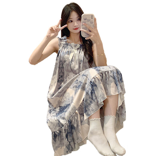雅鹿吊带睡裙女冰丝绸夏季薄款带胸垫睡衣女士夏天水墨画感家居服 SSM-3888【自带胸垫】 M 【75-100斤】