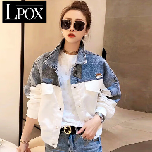 LPOX jacket denim jacket for women 2025 spring and autumn new style spliced embroidered contrasting color versatile denim jacket for women 9926# picture style [Blue] S [Suggested 80--100Jin [Jin equals 0.5 kg]]