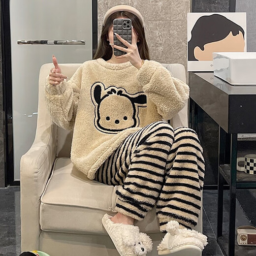 Slim and Chia Coral Velvet Pajamas for women in spring, autumn and winter thickened warm sweet and cute flannel student home clothes set cartoon 3271 Blue Rabbit M