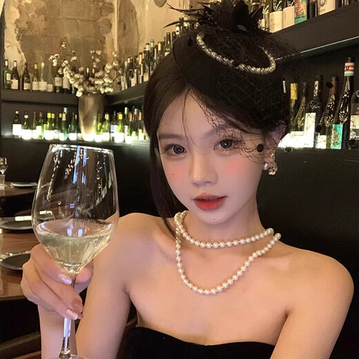 鹿珊伍小礼帽女名媛旗袍配饰民国新娘帽面纱晚宴礼服发饰cos拍照道具 珍珠网纱礼帽【黑色】 均码