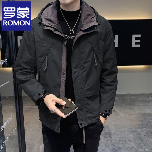 Romon Jacket Men's Autumn and Winter 2025 New Trendy Velvet Charge Top Men's Double Layer Casual Hooded Work Clothes Black Velvet Thickening It is recommended to go up one size XL Recommended 135-150 Jin Jin is equal to 0.5 kg