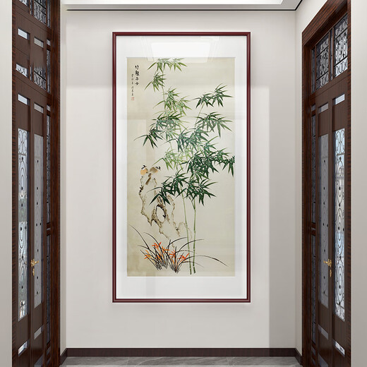 Entrance wall decoration painting, new Chinese style hanging painting, entrance bamboo, Chinese painting, entrance corridor, ink painting, bamboo stone picture, Bamboo Peace 50*100 (single vertical style), high-definition crystal porcelain painting + aluminum alloy frame, black frame